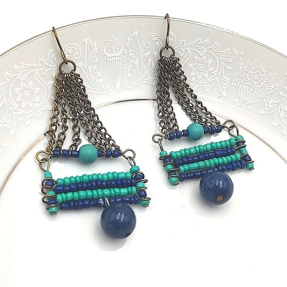 Blue Green Boho Beaded Chandelier Earrings - Picture 1 of 6